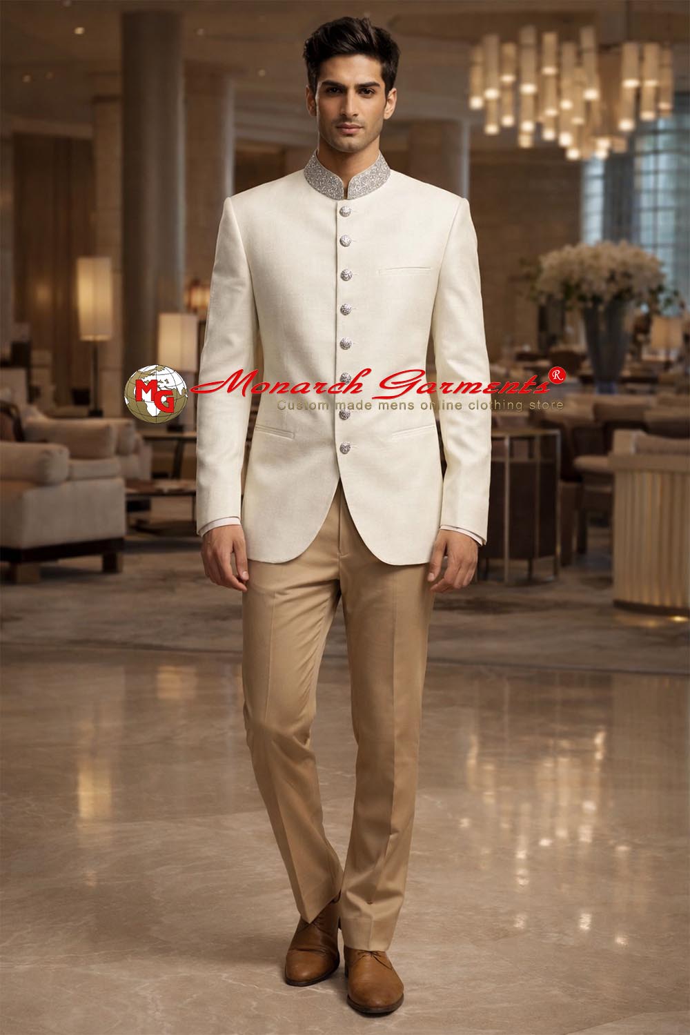 Ivory designer wedding suit for men with beige trousers, premium groom outfit for Indian wedding and reception wear