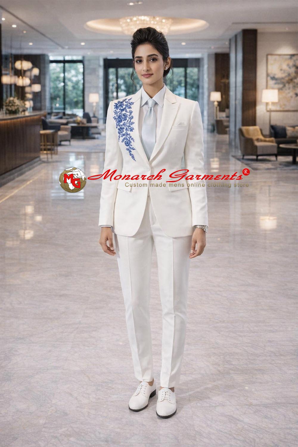 Ivory white blue embroidered 2 piece suit for women slim fit designer formal outfit for wedding and luxury events
