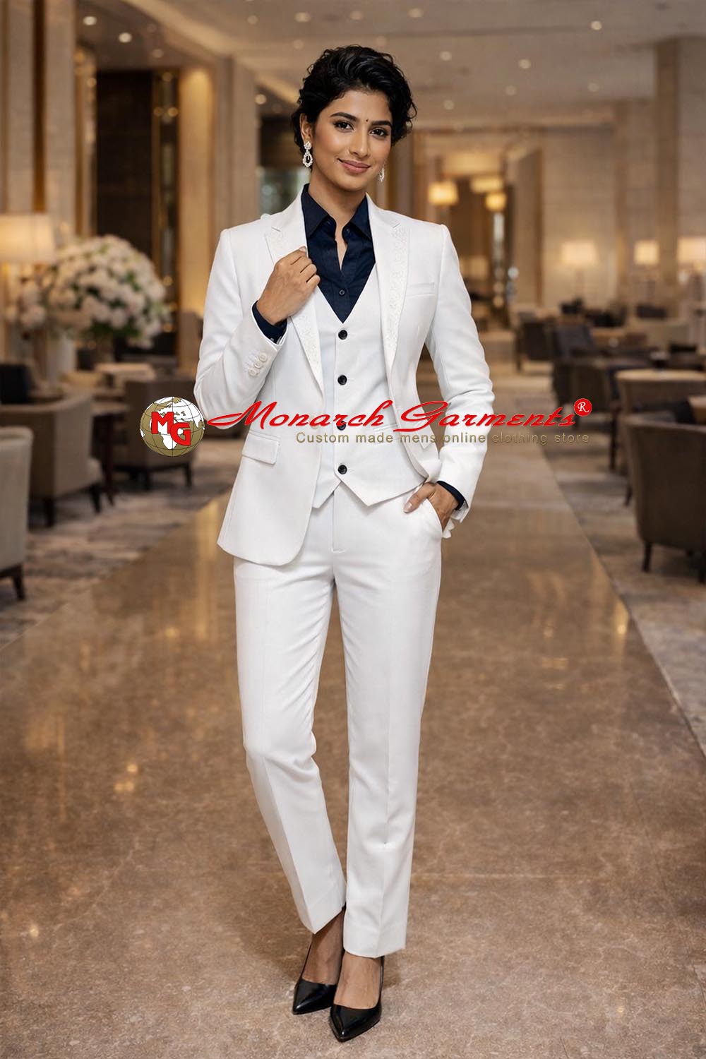 Ivory white 3 piece suit for women slim fit formal suit for receptions and weddings in India