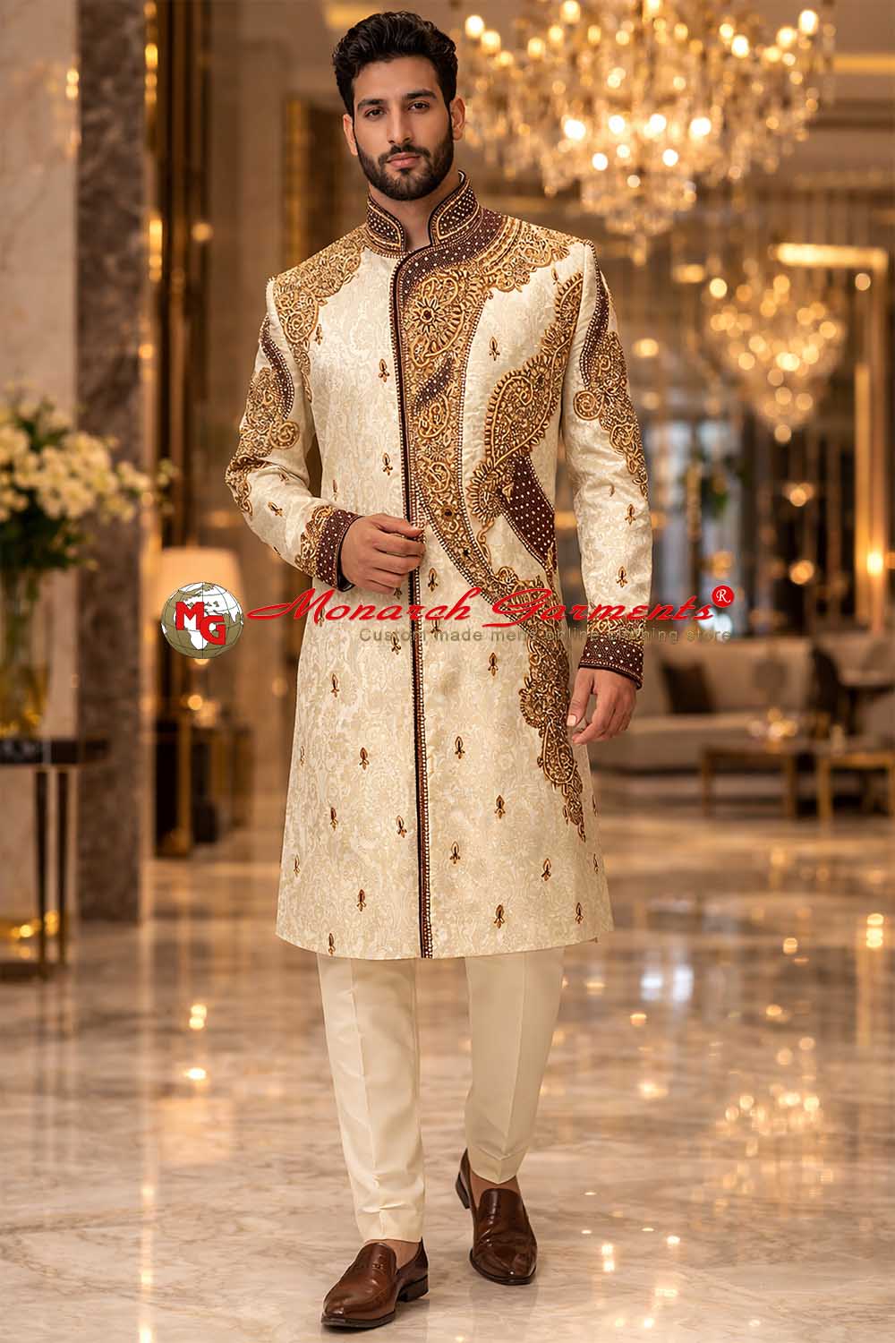Ivory jacquard silk wedding sherwani with gold zari paisley embroidery for Indian groom by Monarch Garments