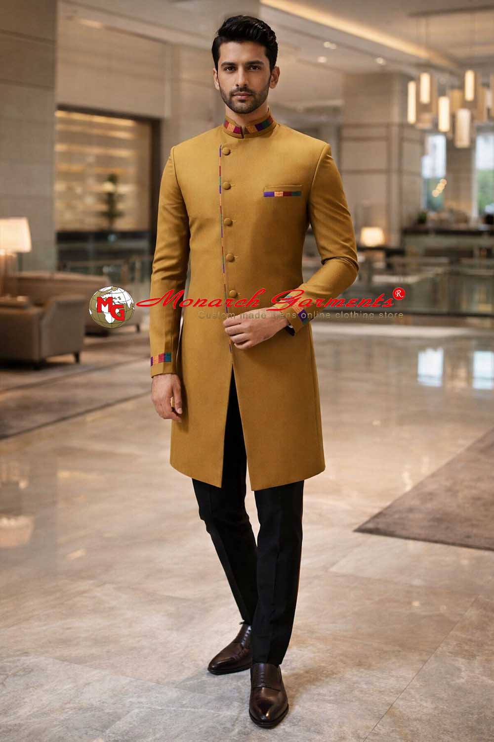 Khakhi angrakha Indo Western suit for men with patchwork design and black trouser wedding outfit India