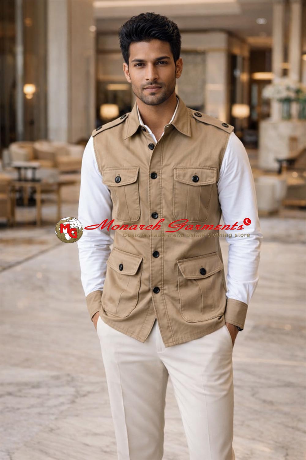 Khaki cotton safari vest for men tailored fit utility waistcoat with pockets for travel and casual wear