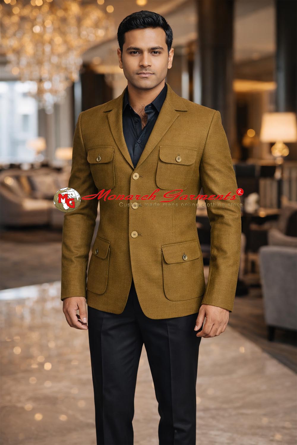 Khaki slim fit linen safari blazer with four pockets for men by Monarch Garments