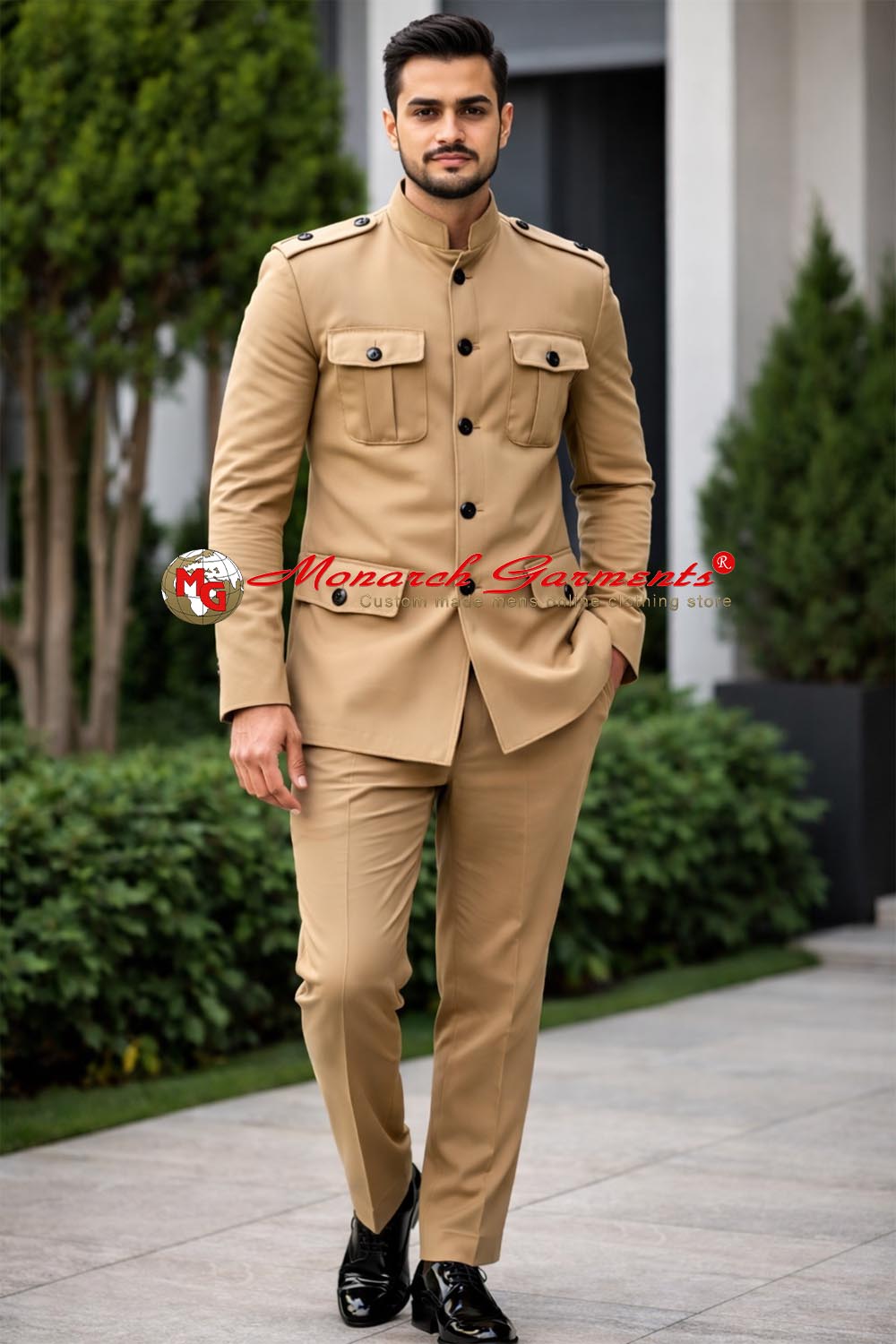 Khaki safari style bandhgala suit for men by Monarch Garments – designer Indian formal outfit