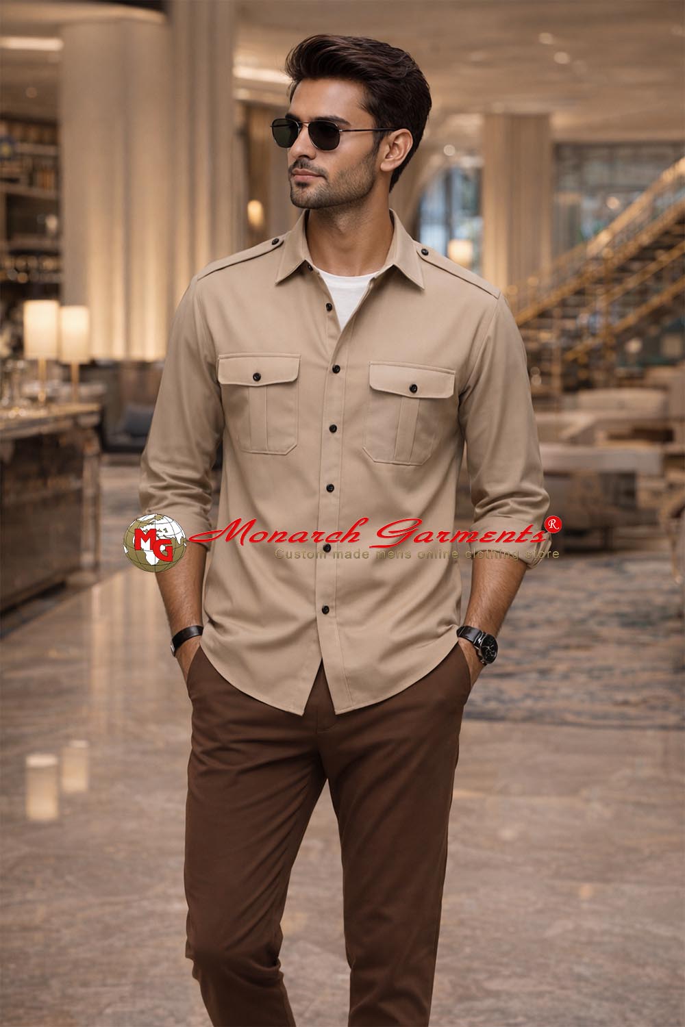 Khaki safari shirt for men slim fit cotton utility style