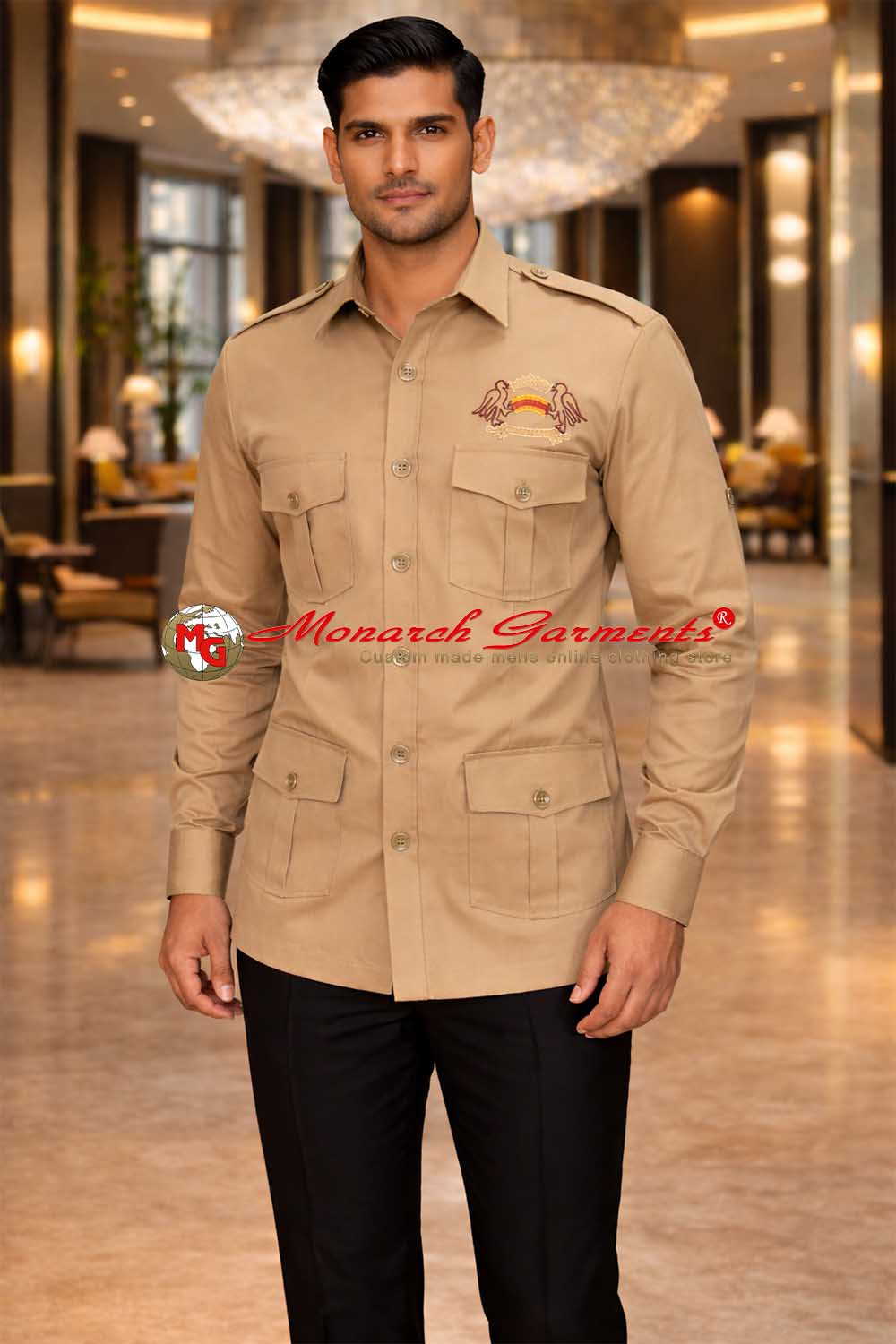 Khaki safari utility shirt for men with embroidered crest and four pockets by Monarch Garments India