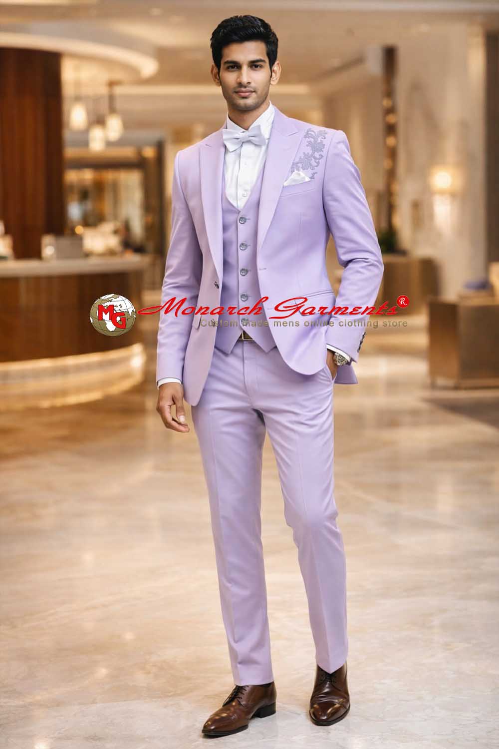 Lavender embroidered 3 piece wedding suit for men slim fit groom tuxedo India