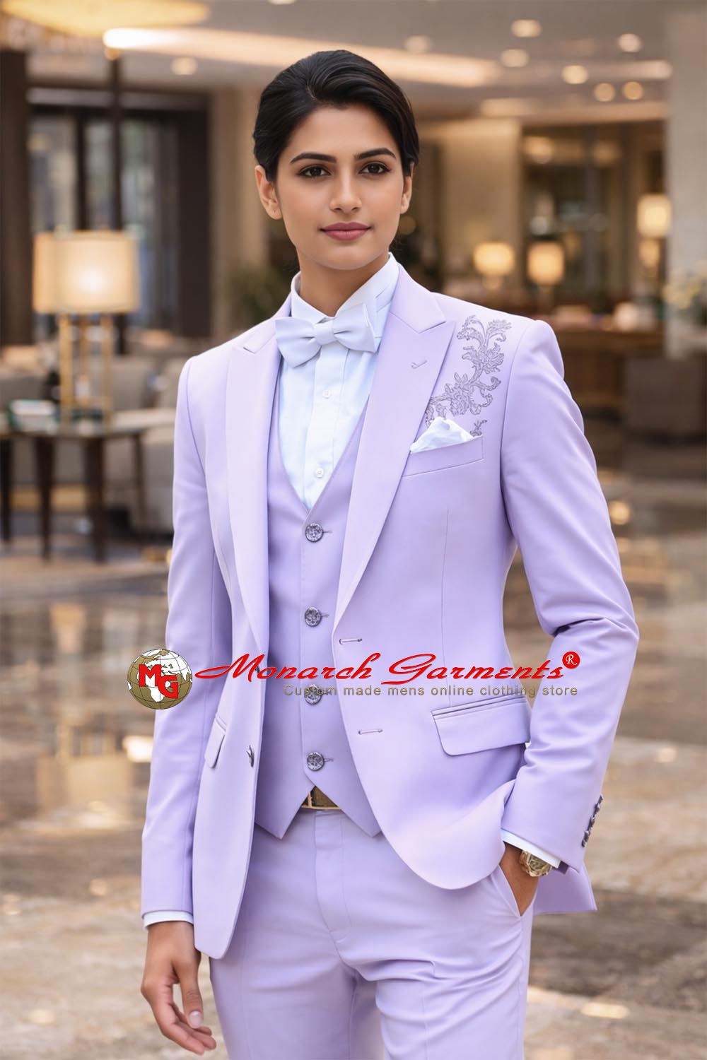 Lavender embroidered 3 piece slim fit suit for women with blazer waistcoat and trousers