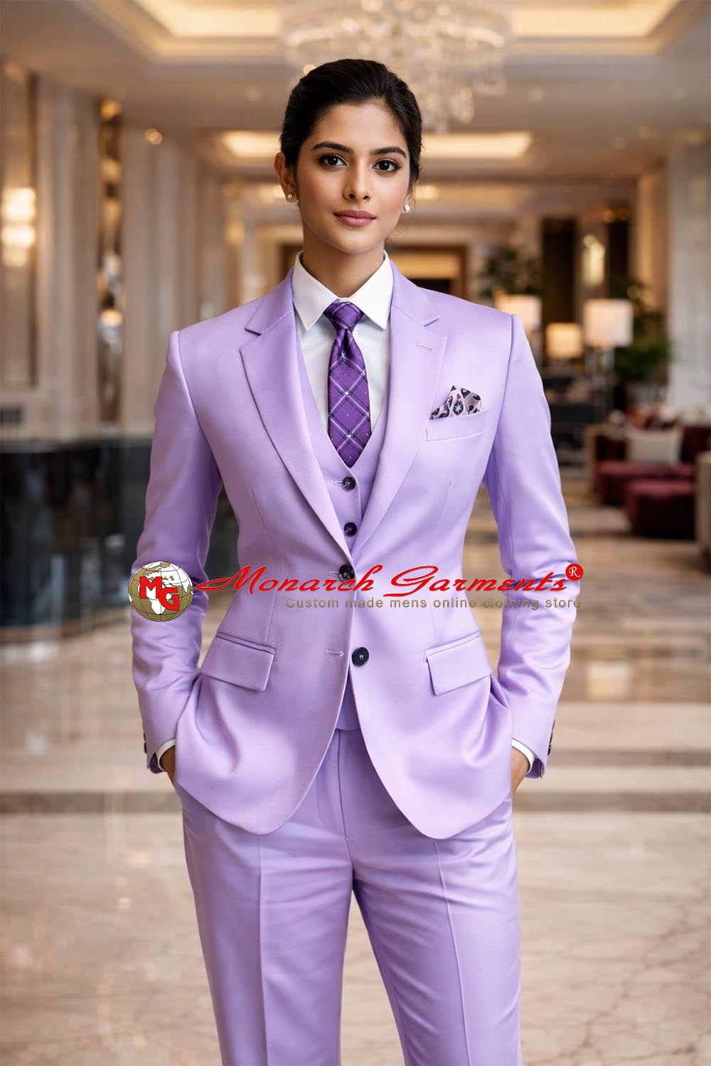 Lavender 3 piece slim fit suit for women with blazer waistcoat and tailored trousers