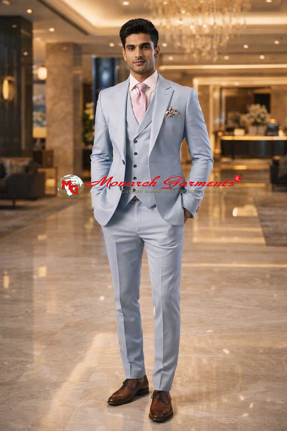 Light airforce blue 3 piece wedding suit for men with peak lapel slim fit premium wool blend