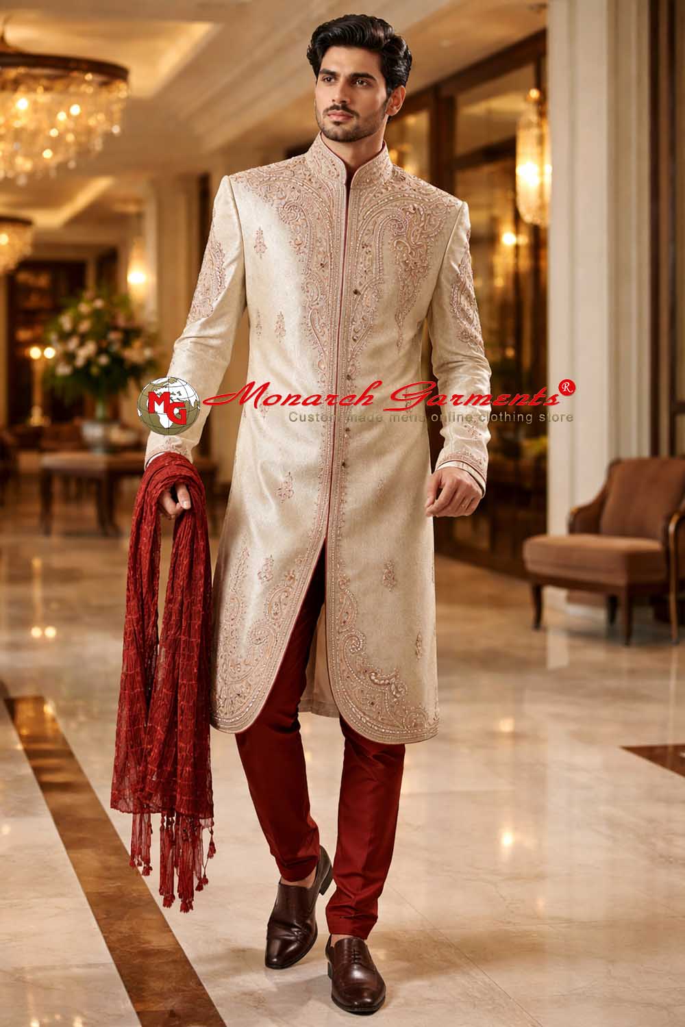 light beige brocade embroidered groom sherwani with maroon churidar indian wedding outfit monarch garments