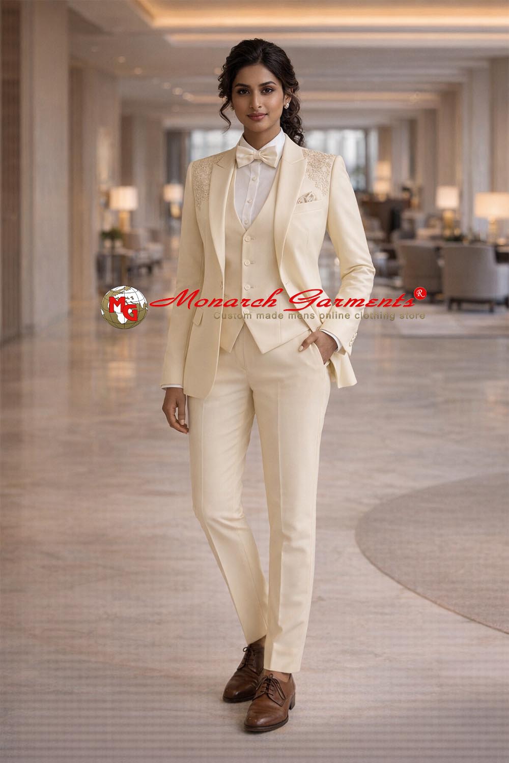 Light beige embroidered 3 piece suit for women slim fit formal suit for wedding and luxury events in India