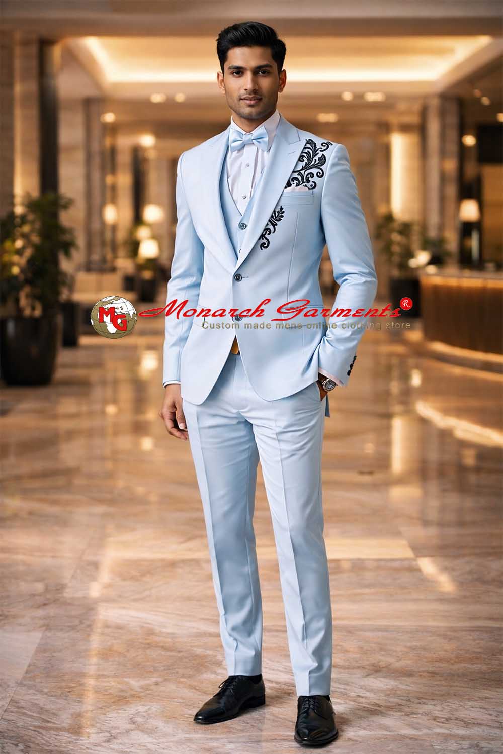 Light blue embroidered 3 piece groom suit for men slim fit wedding tuxedo India