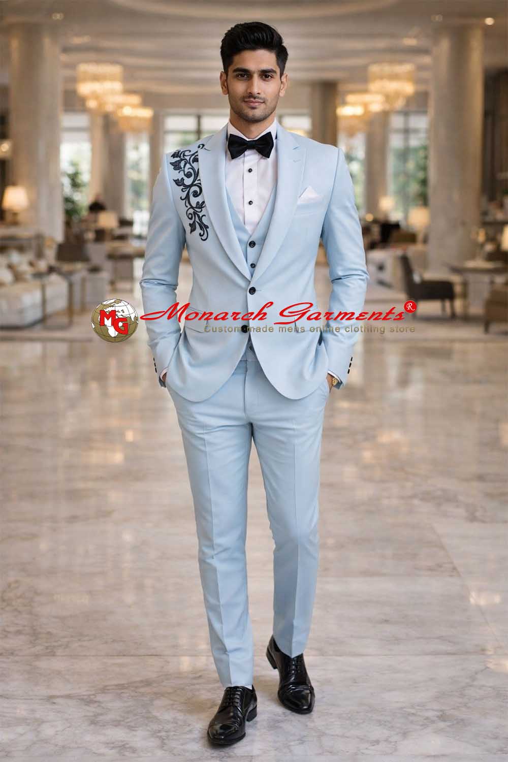 Light blue embroidered 3 piece wedding suit for men slim fit groom tuxedo India