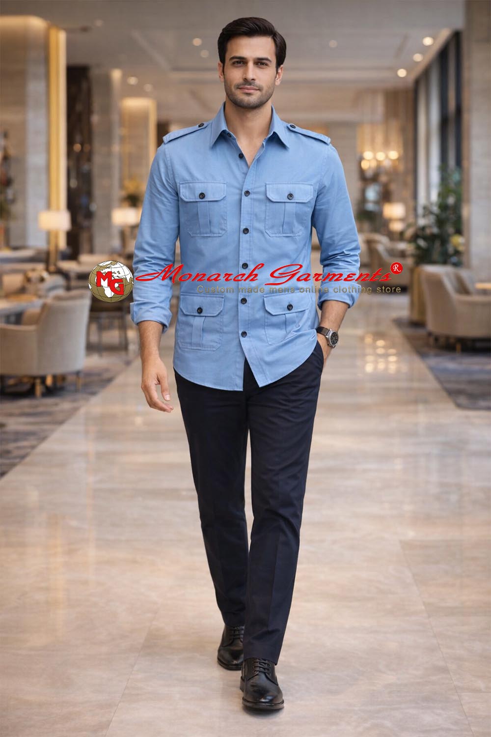Light blue safari shirt for men slim fit cotton casual four pocket style