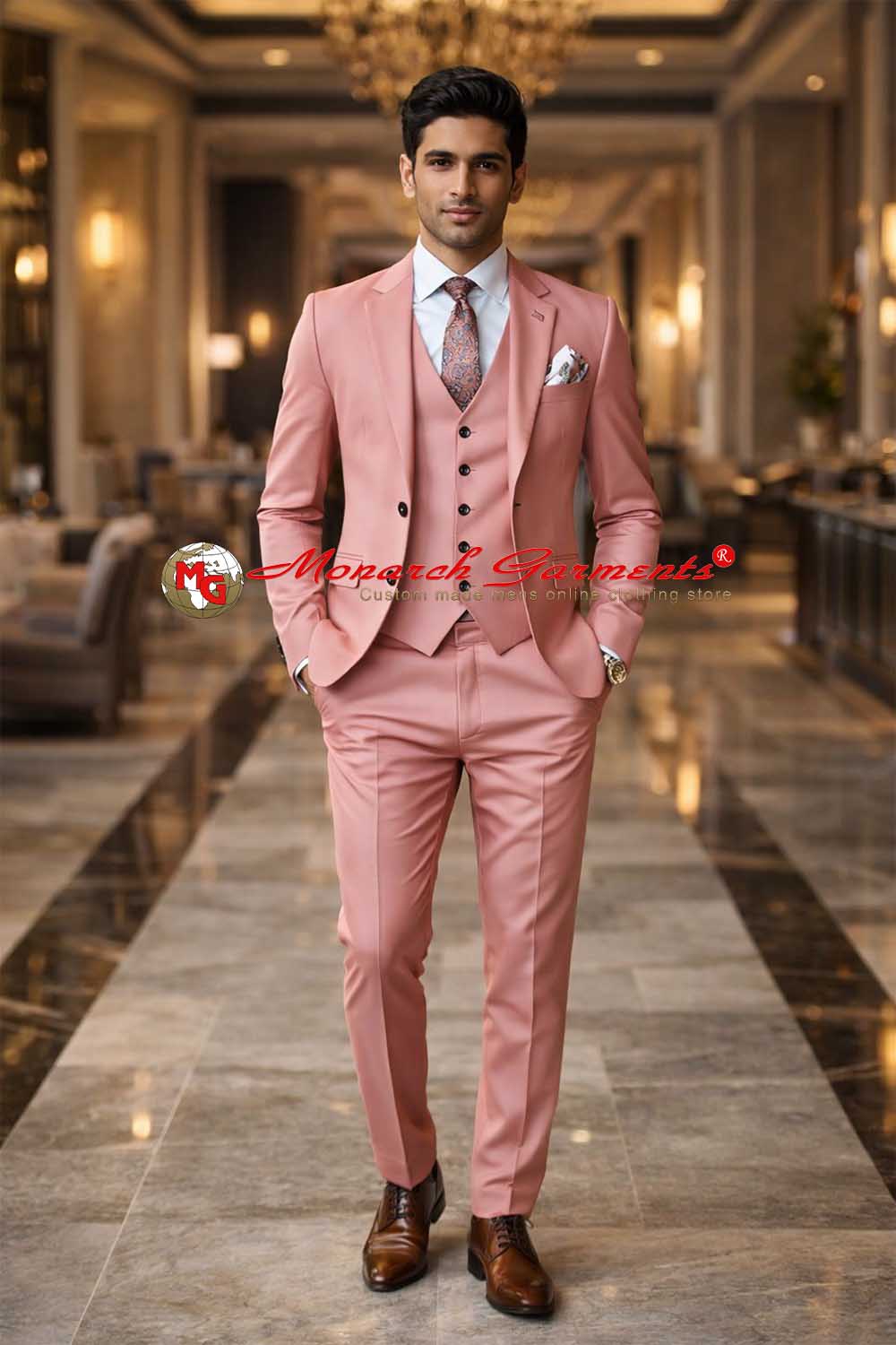 Light coral pink 3 piece suit for men slim fit wedding wear India