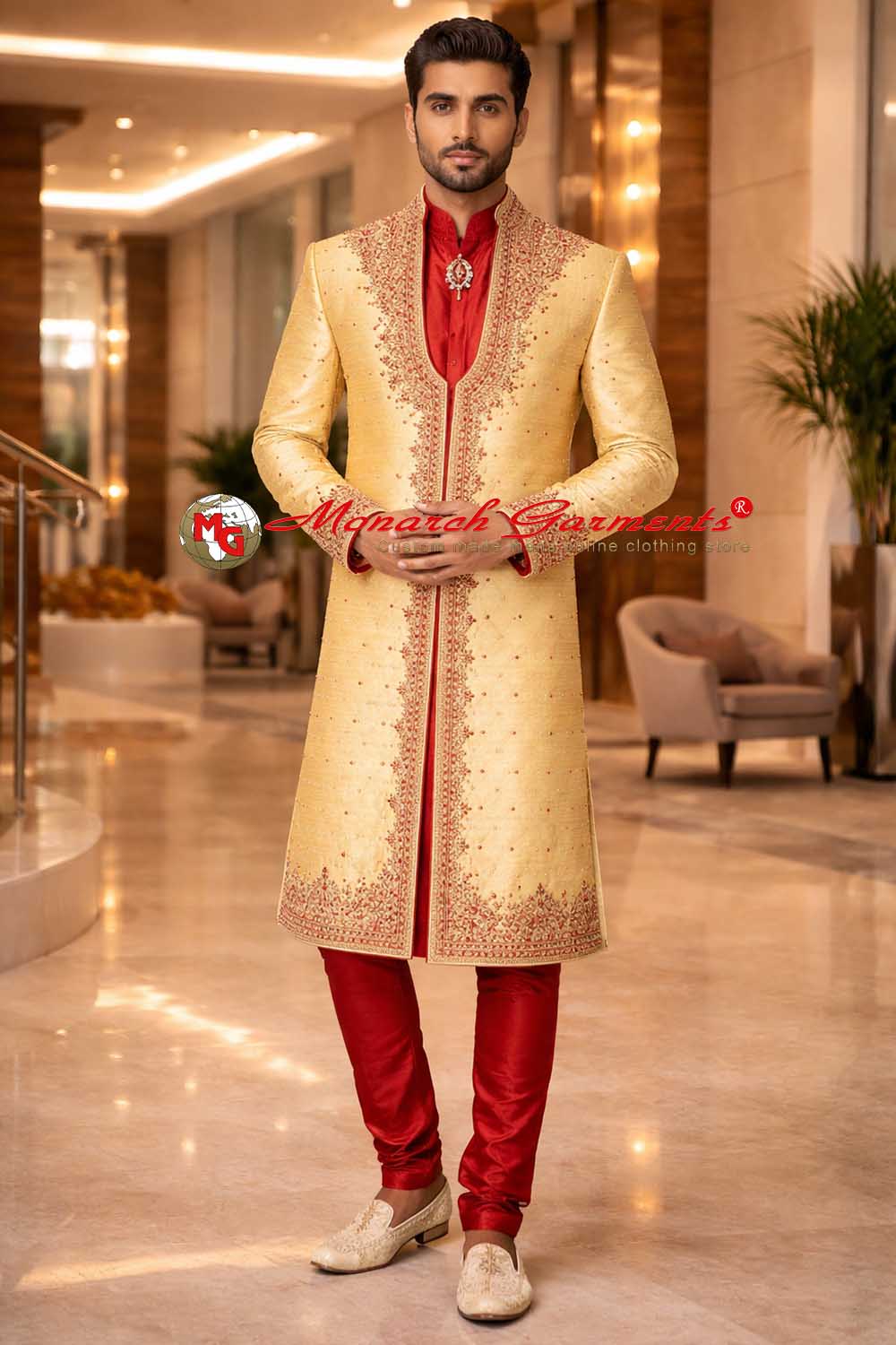 Light gold dupion silk embroidered wedding sherwani for men with red churidar – Monarch Garments