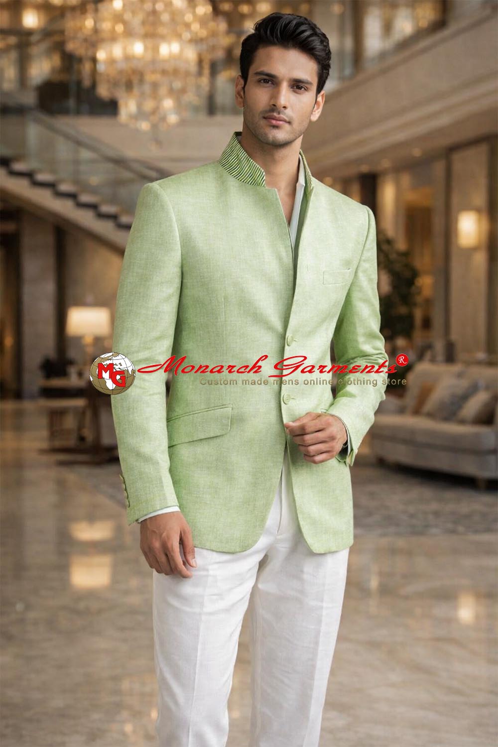 Light green linen suit for men Nehru collar slim fit summer formal wear India