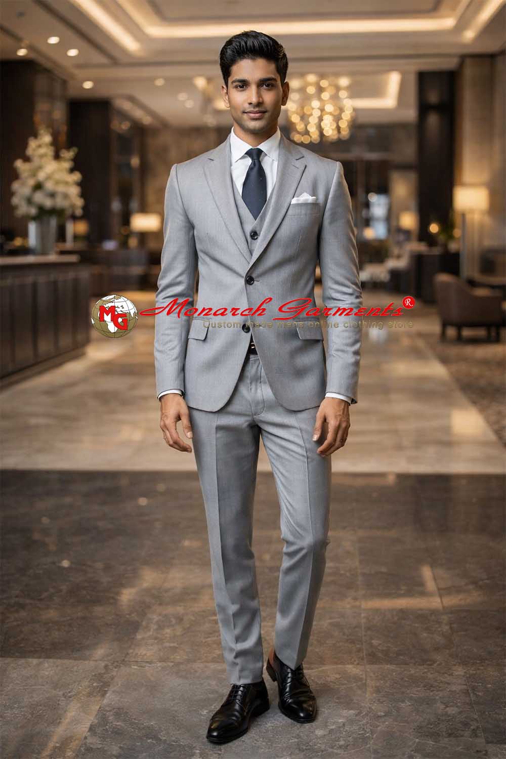 Light grey 3 piece suit for men slim fit with blazer vest and trousers for wedding and formal wear India