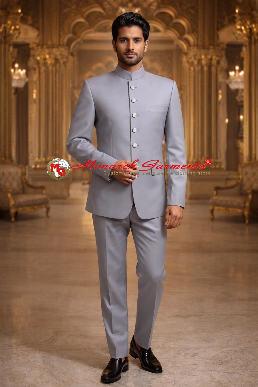 Light grey bandhgala suit for men by Monarch Garments – luxury Indian wedding and reception outfit