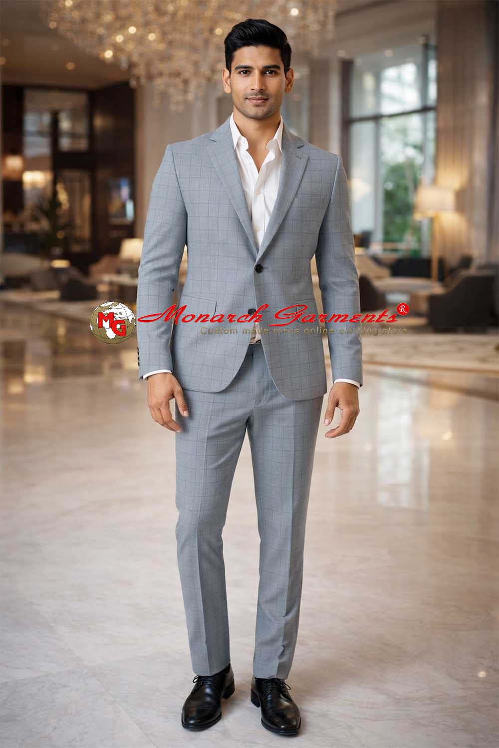 Light grey blue check suit for men slim fit formal wear India