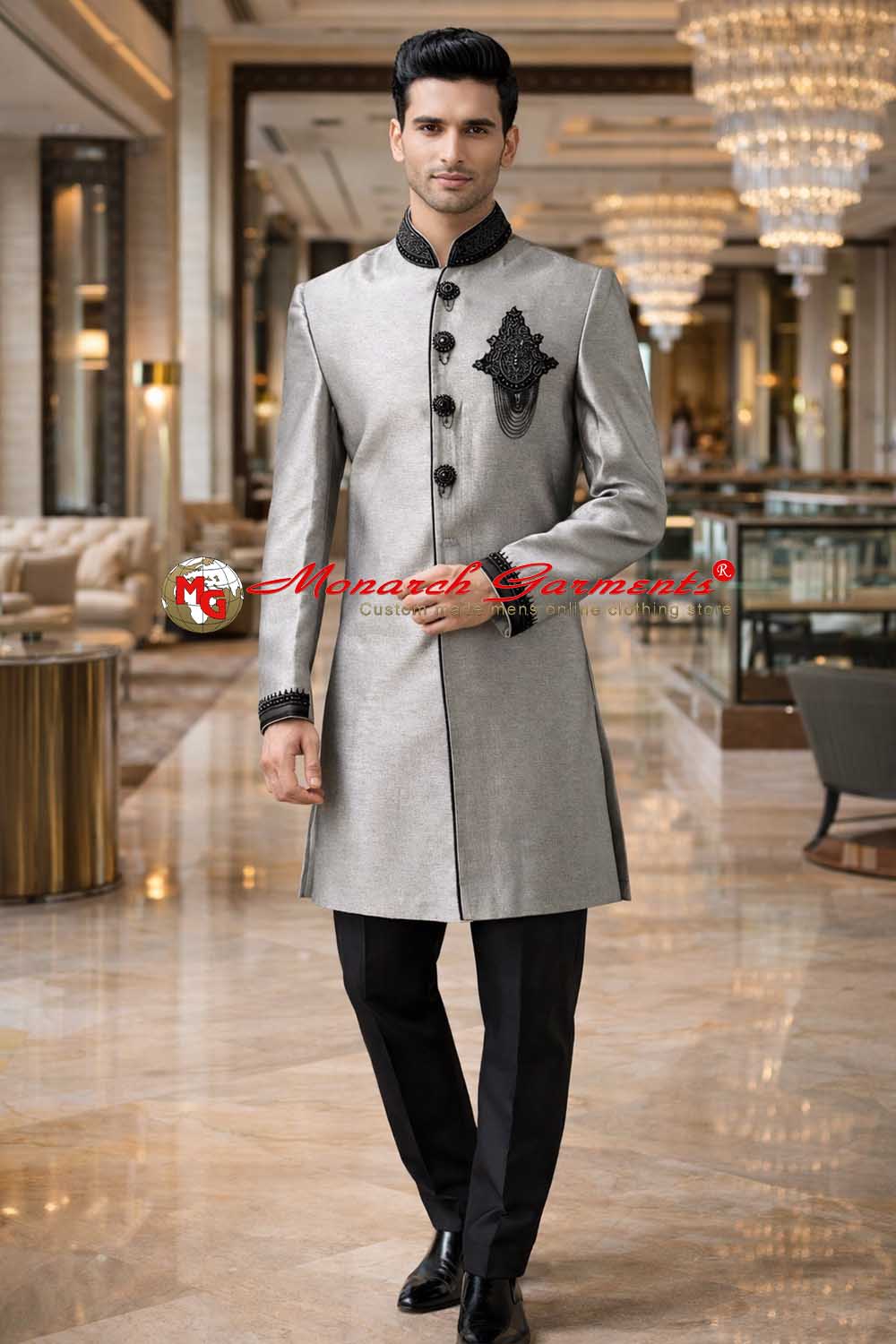 Light grey Indo Western sherwani for men with black embroidery wedding wear India