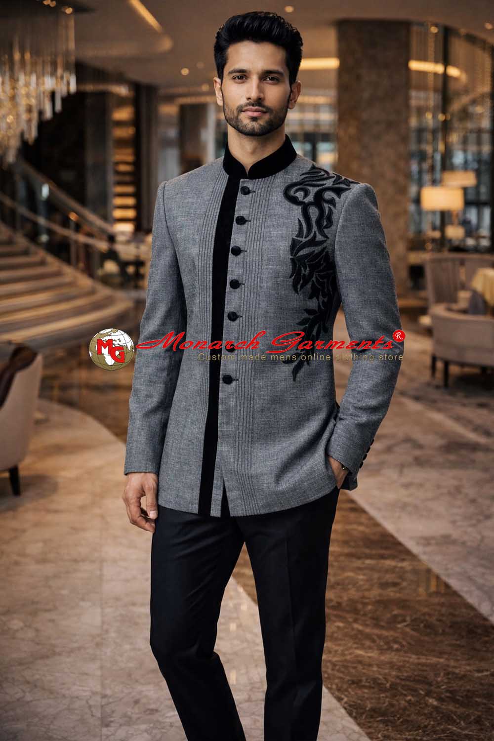 Light grey linen Indo Western suit with black velvet detail for men wedding wear