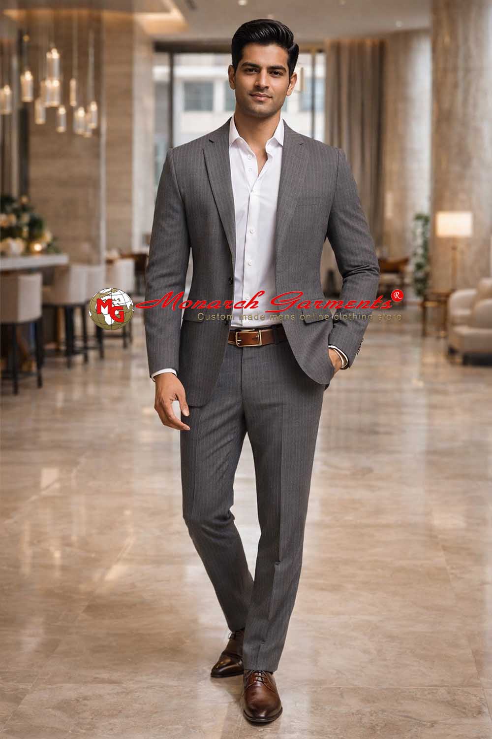 Light grey pinstripe suit for men slim fit formal wear India