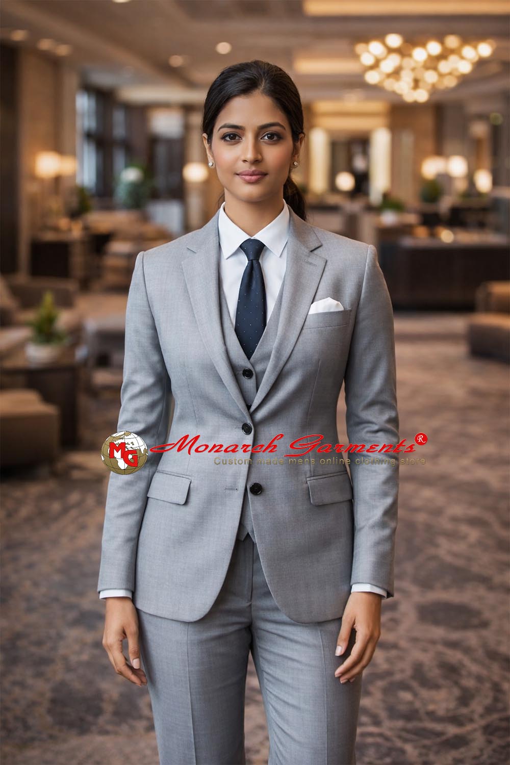 Light grey 3 piece slim fit formal suit for women with blazer waistcoat and tailored trousers