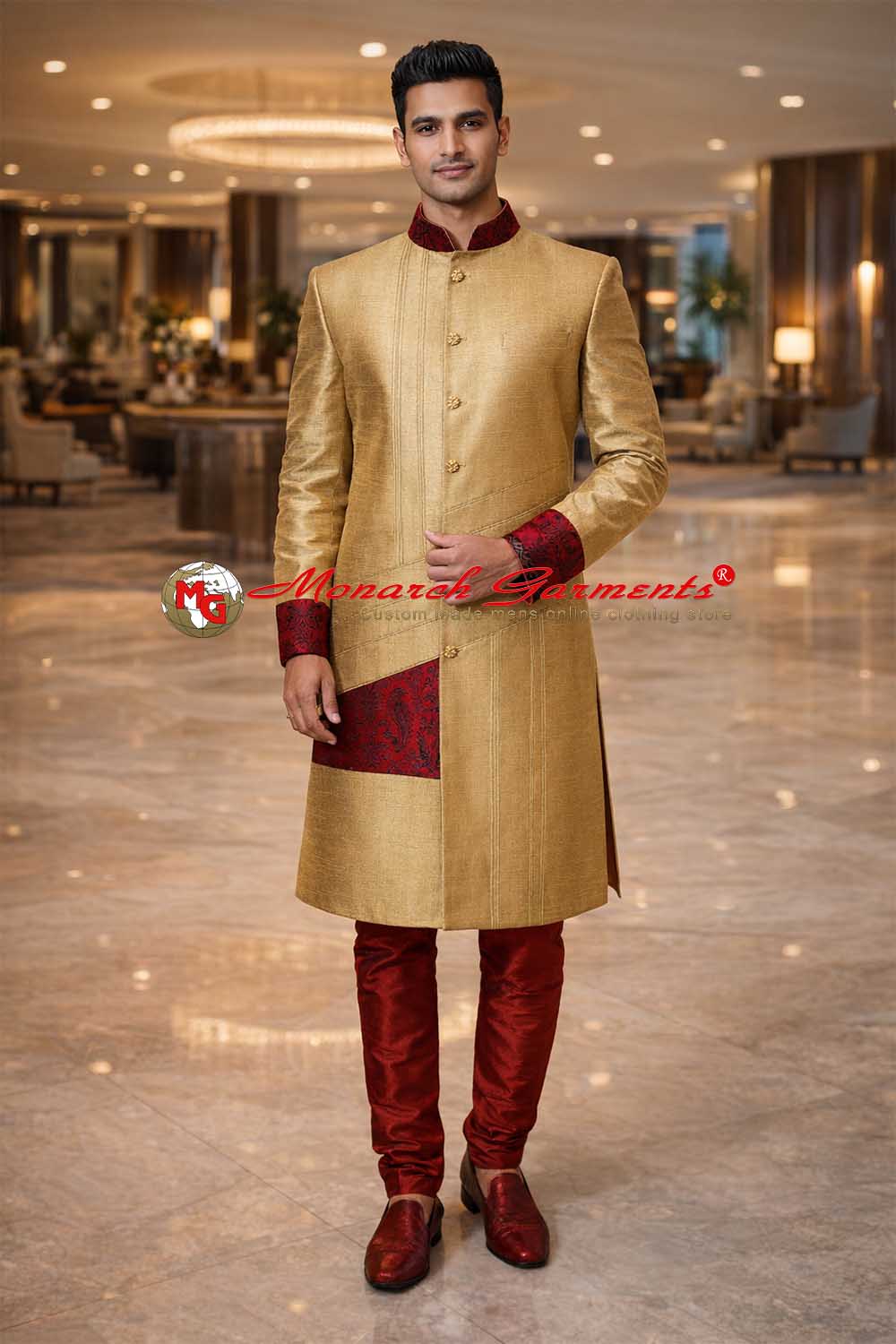 Light khaki Banarasi Indo Western suit for men with maroon churidar wedding outfit