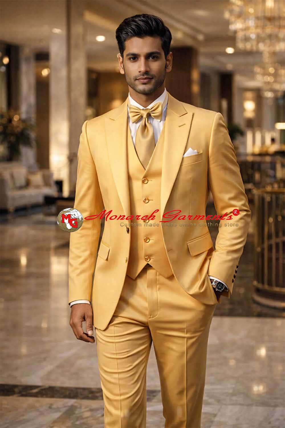 Light mustard yellow 3 piece suit for men slim fit with blazer vest and trousers for wedding wear India