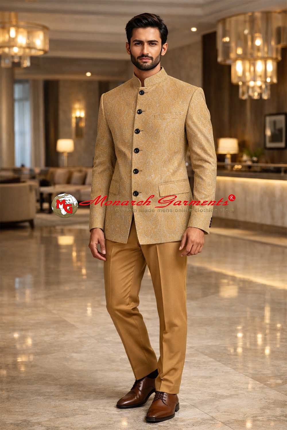 Light orange paisley Jodhpuri bandhgala groom suit with matching trousers for Indian wedding by Monarch Garments