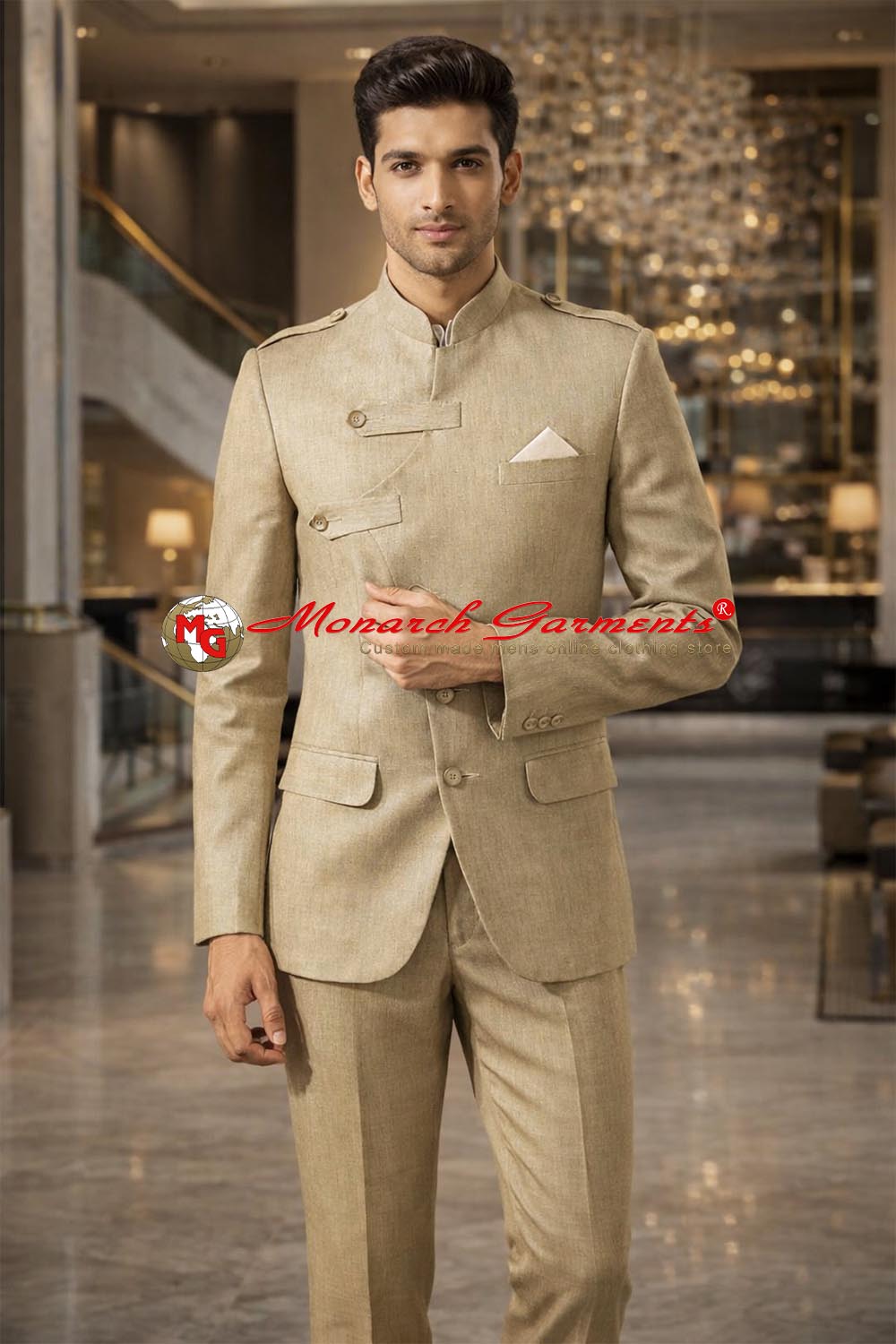 Light tan angrakha style linen suit for men slim fit wedding formal wear India