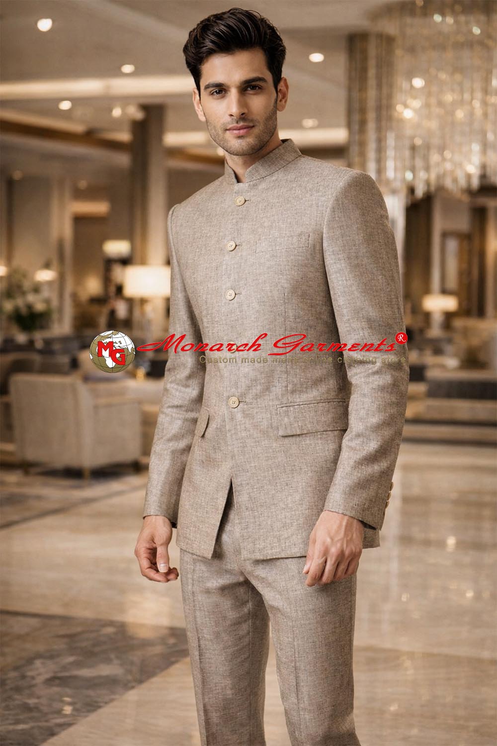 Light tan linen Nehru collar suit for men slim fit engagement wear India