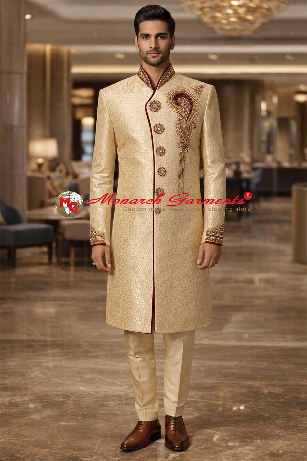 Light yellow angrakha Indo Western suit for men with maroon piping wedding outfit India