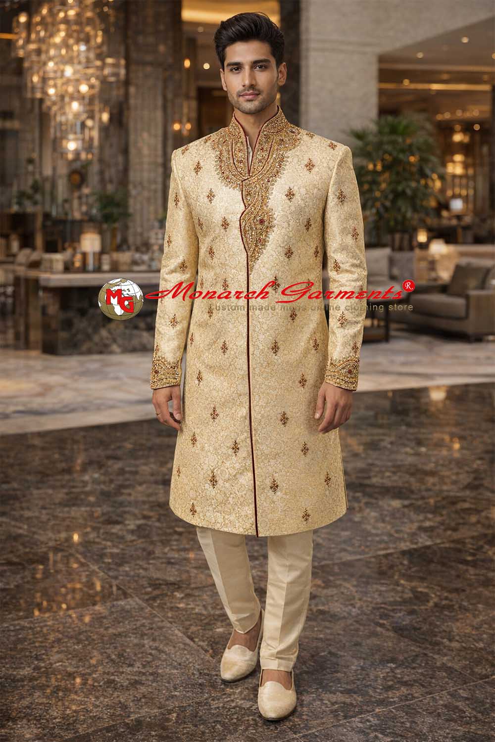 Light yellow brocade angarakha Indo Western suit for men with golden trouser