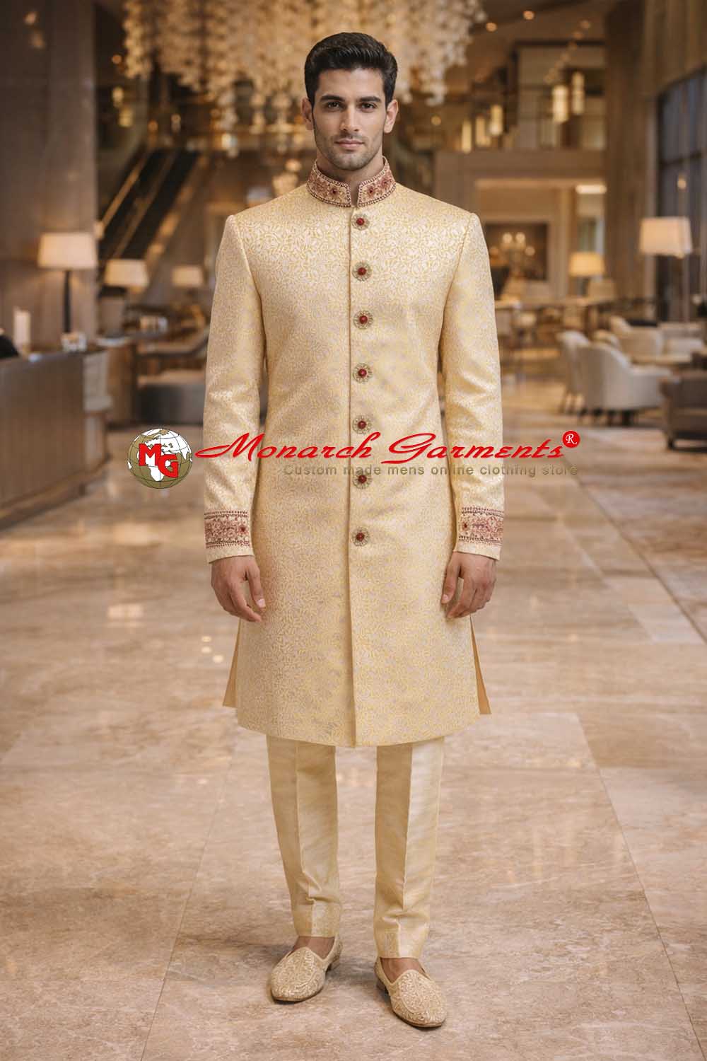 Light yellow brocade Indo Western suit for men with Nehru collar and embroidery for wedding wear India