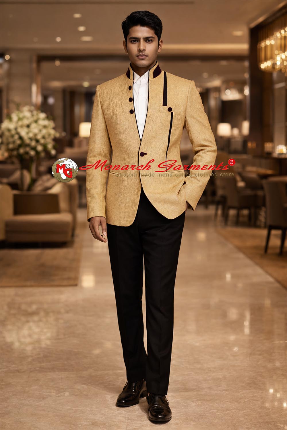 Light yellow designer Jodhpuri Bandhgala suit with velvet cut work and black trousers by Monarch Garments