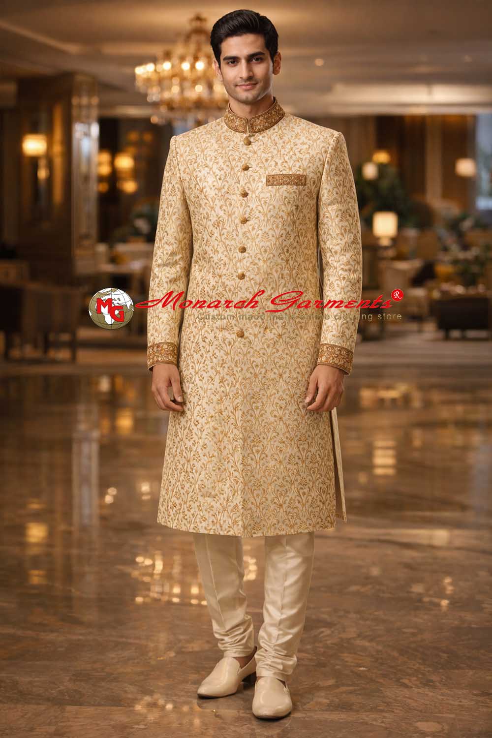 Light yellow golden brocade Indo Western suit for men with churidar wedding outfit