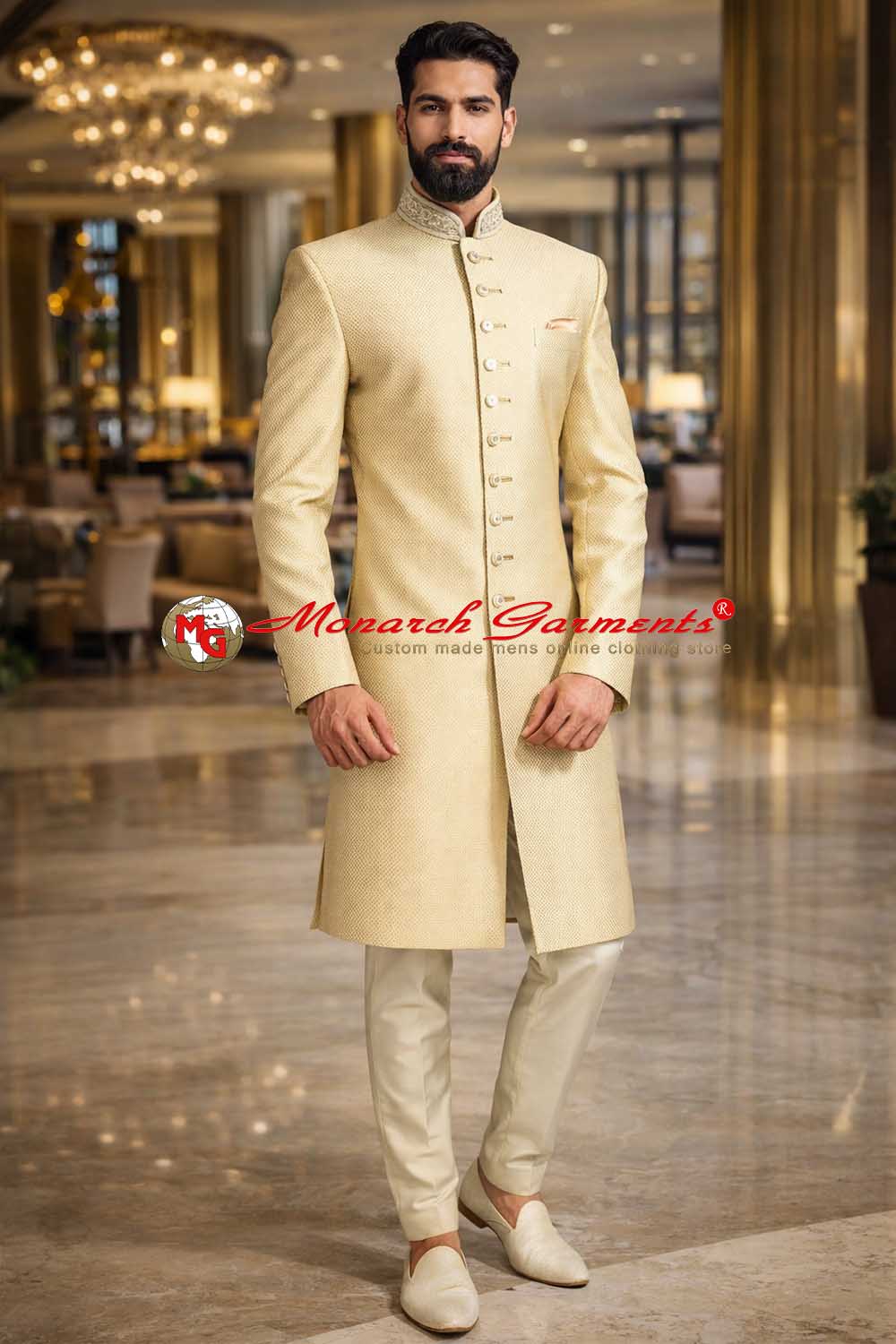 Light yellow Indo Western suit with cream dupion pant for men wedding wear