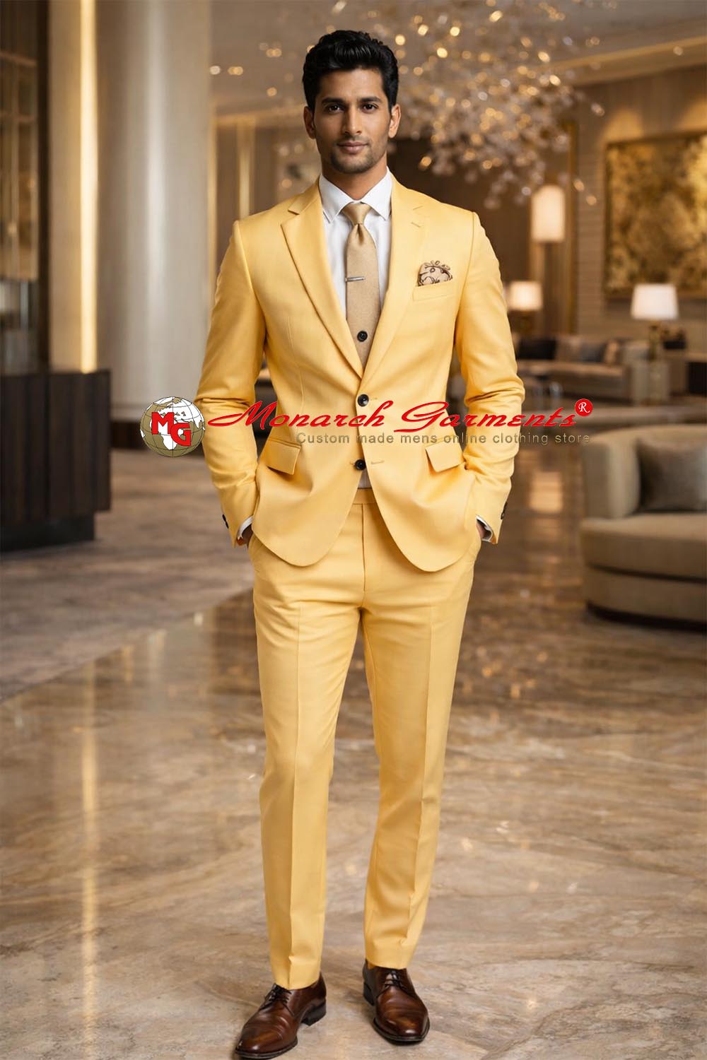 Light yellow 2 piece suit for men slim fit with blazer and trousers for wedding wear India