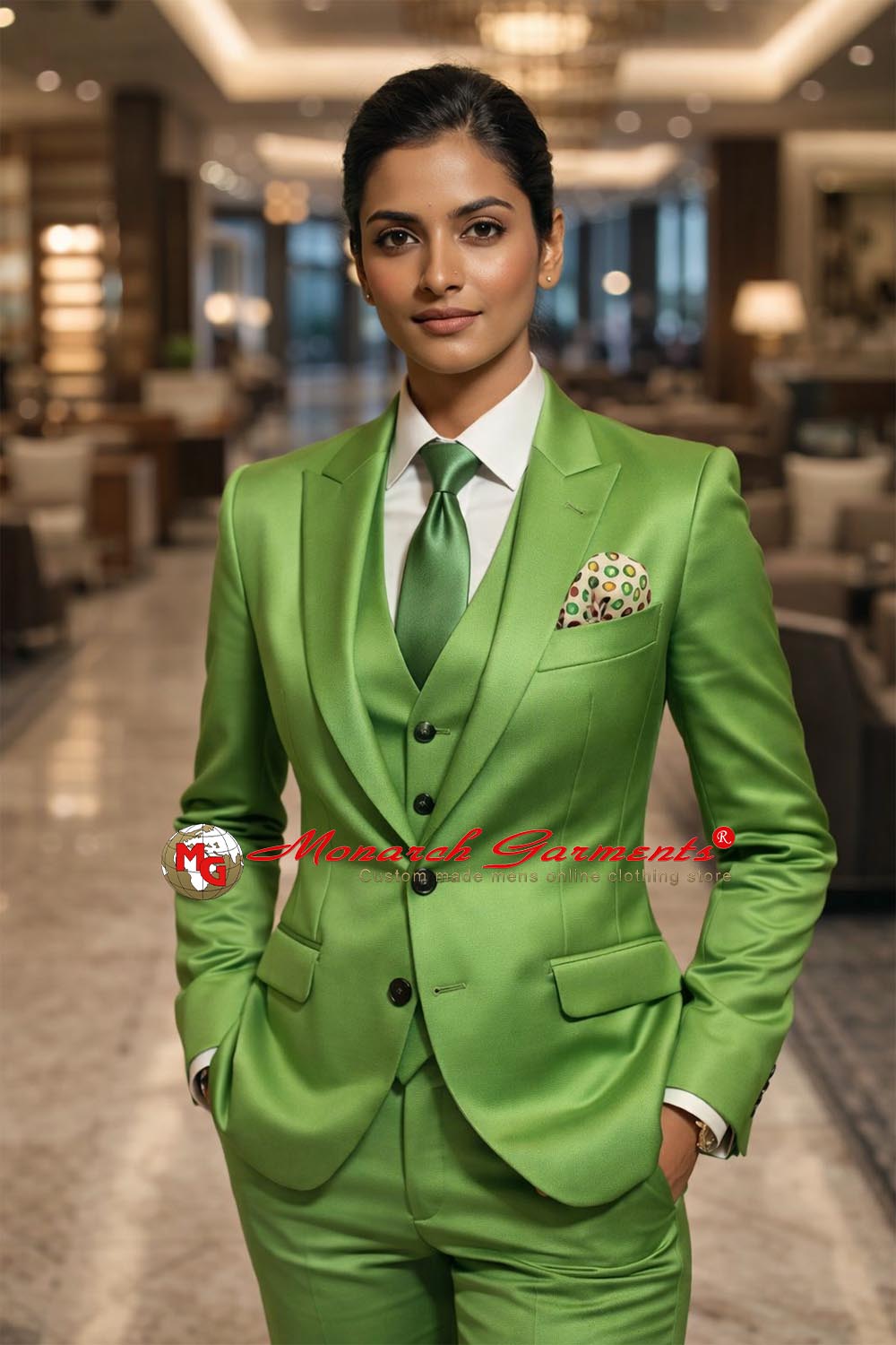 Lime green 3 piece slim fit suit for women with blazer waistcoat and tailored trousers