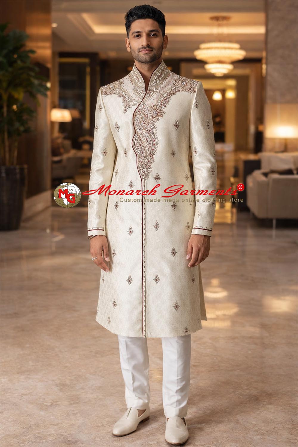 Luxurious cream brocade embroidered sherwani with white dupion silk churidar for groom