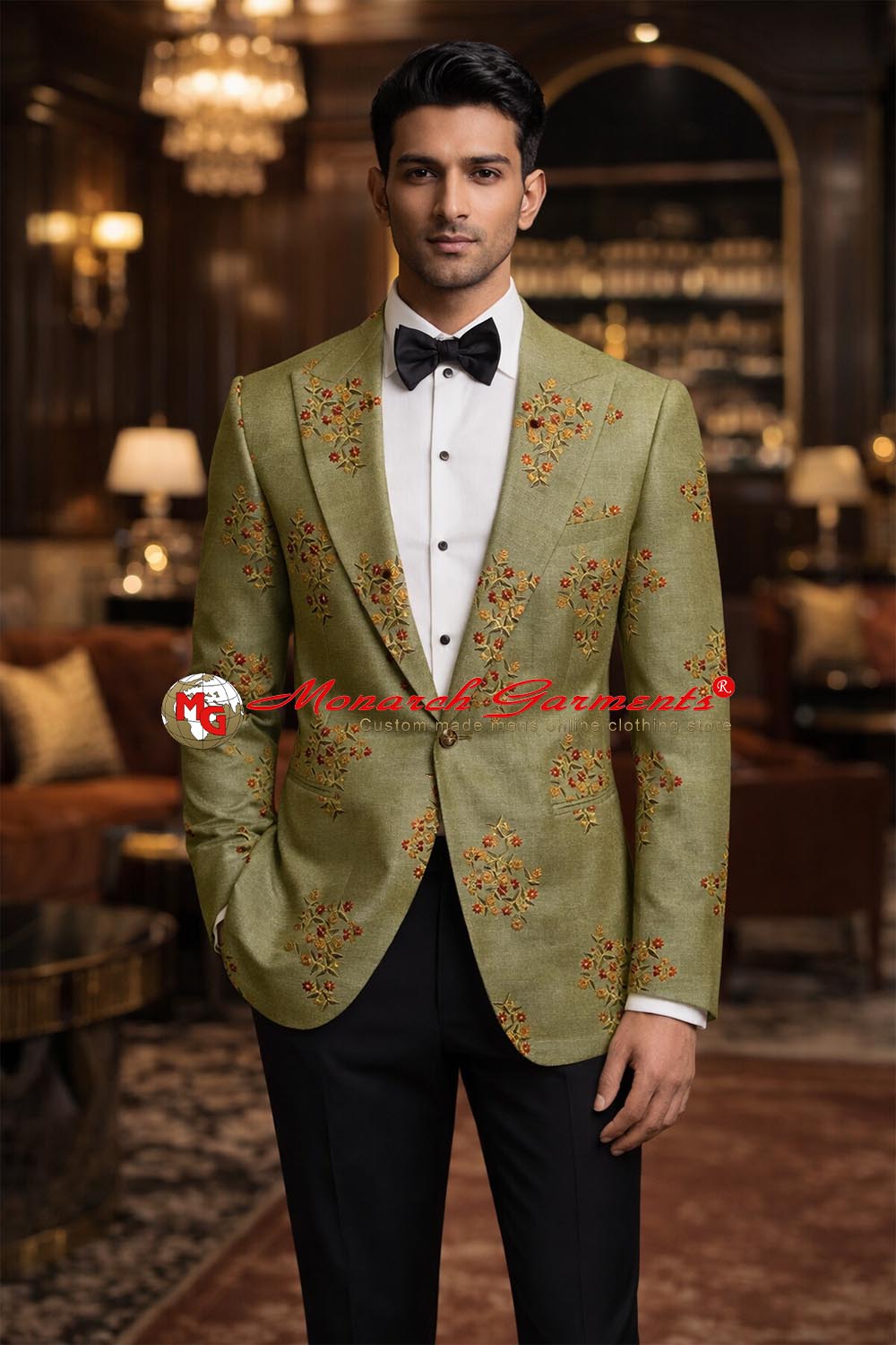 Men's green embroidered slim fit designer blazer by Monarch Garments