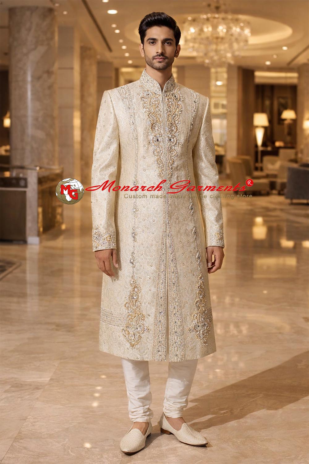 Majestic dark beige designer sherwani with hand embroidery and cream dupion silk pyjama for groom