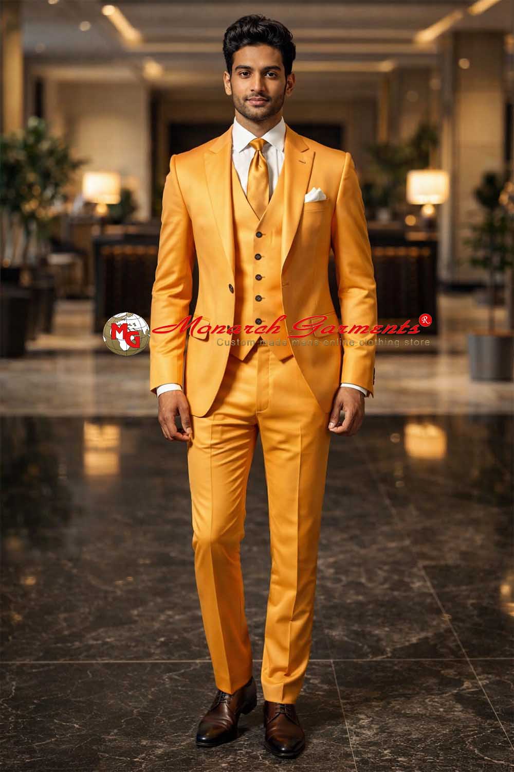 Mango orange 3 piece suit for men slim fit wedding party wear blazer vest trousers