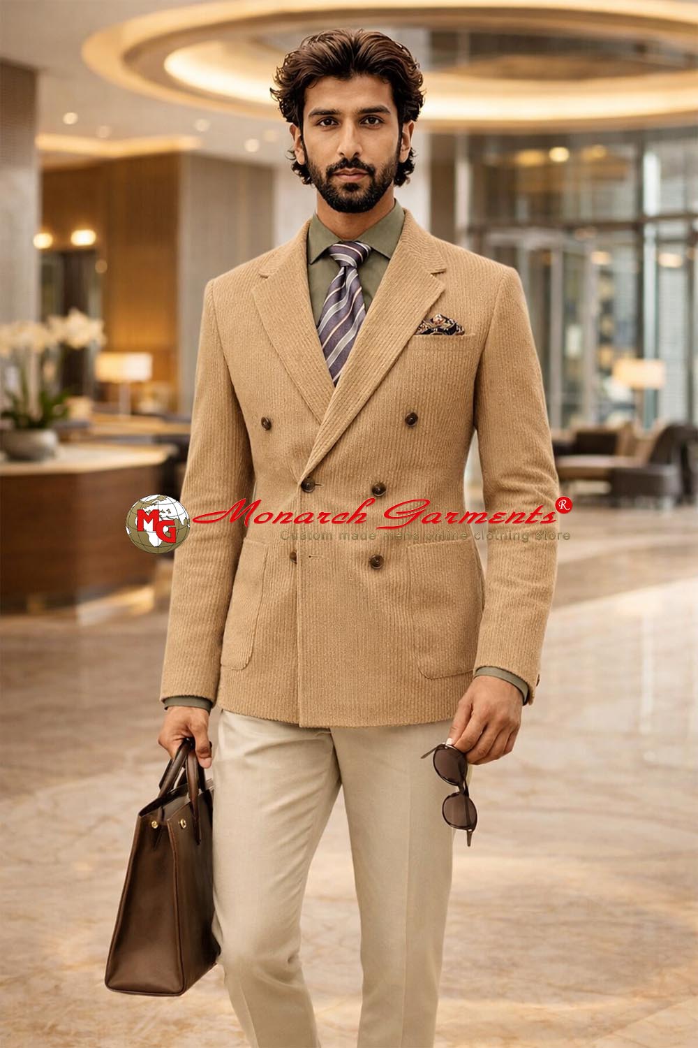 Men wearing marigold corduroy double breasted blazer for formal and smart casual occasions in India