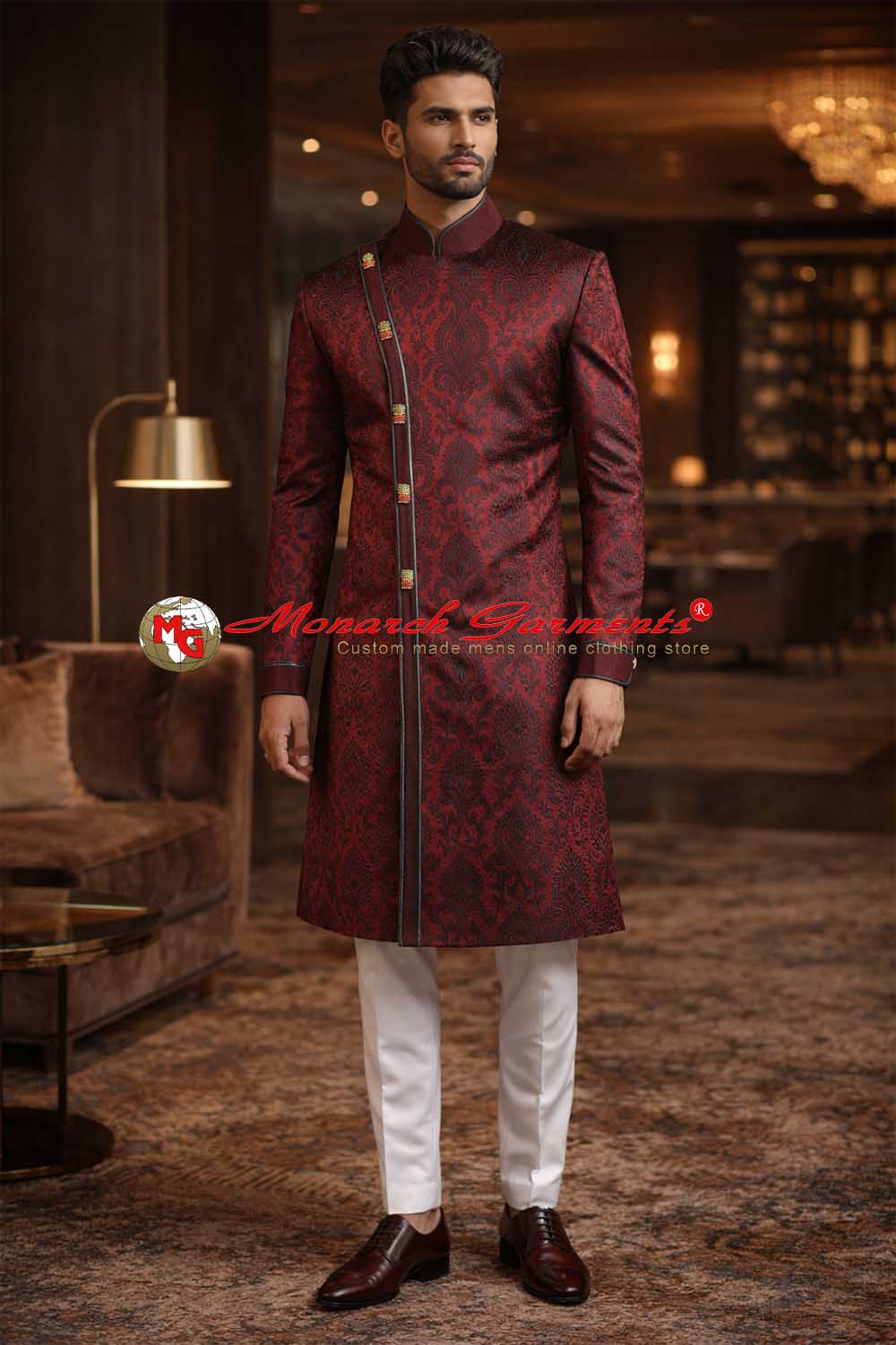Maroon angrakha Indo Western suit for men with brocade pattern and cream breeches pant for wedding wear India