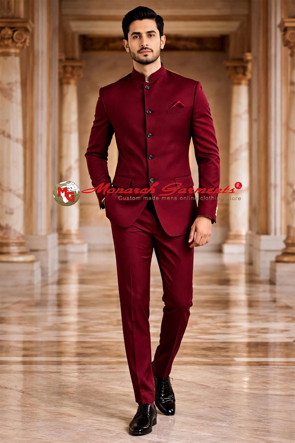 Maroon bandhgala suit for men by Monarch Garments – luxury Indian wedding and reception outfit