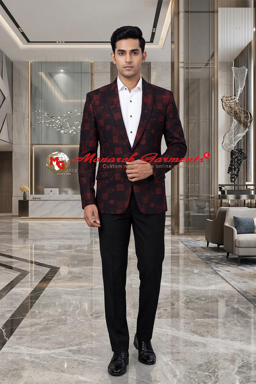 Black red check slim fit casual blazer for men with notched lapel by Monarch Garments